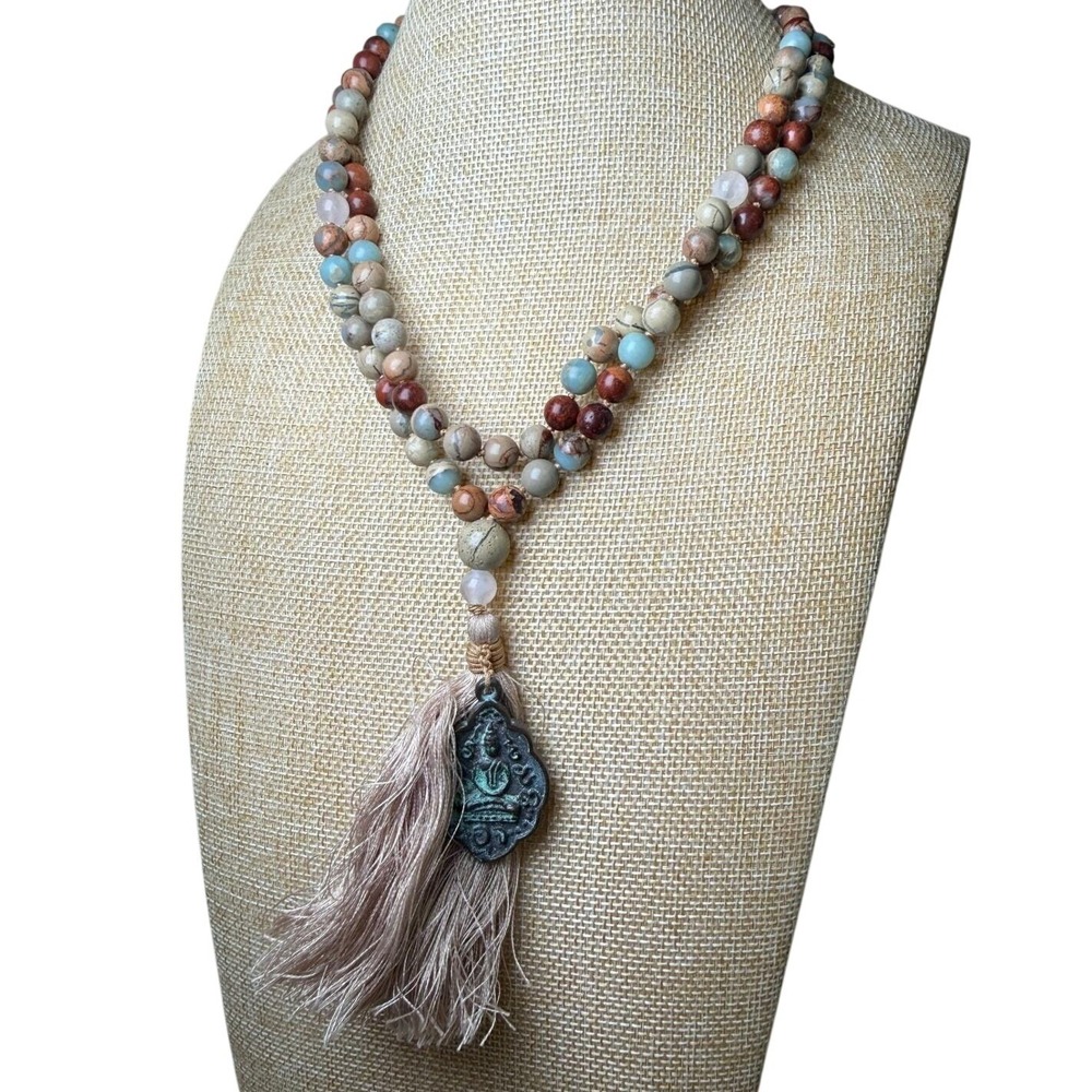 Boho Spiritual Mala Buddha Tassel Necklace Jasper Amazonite Prayer Beads